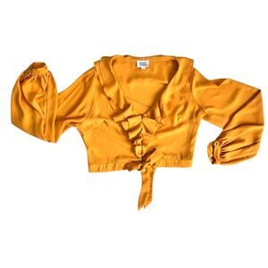 Womens Ruffled Crop‎ Tie Blouse Large 10-12 Mustard Yellow Flowy Romantic Flirty
